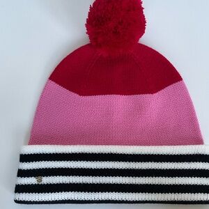 NWOT Kate Spade Red Pink Black White Stripe Pom Pom Beanie